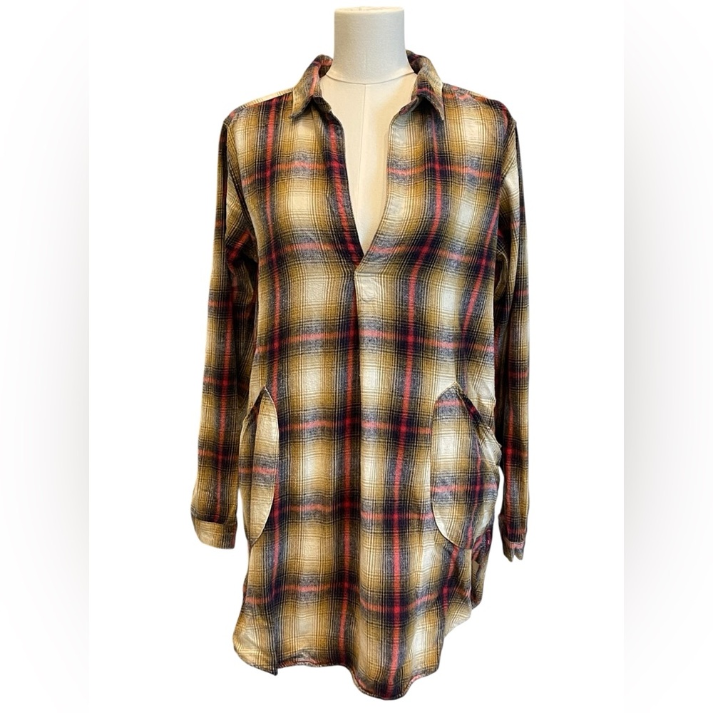 CP SHADES Womens Small Brown PLAID LAGENLOOK COTTON TETON TUNIC DRESS